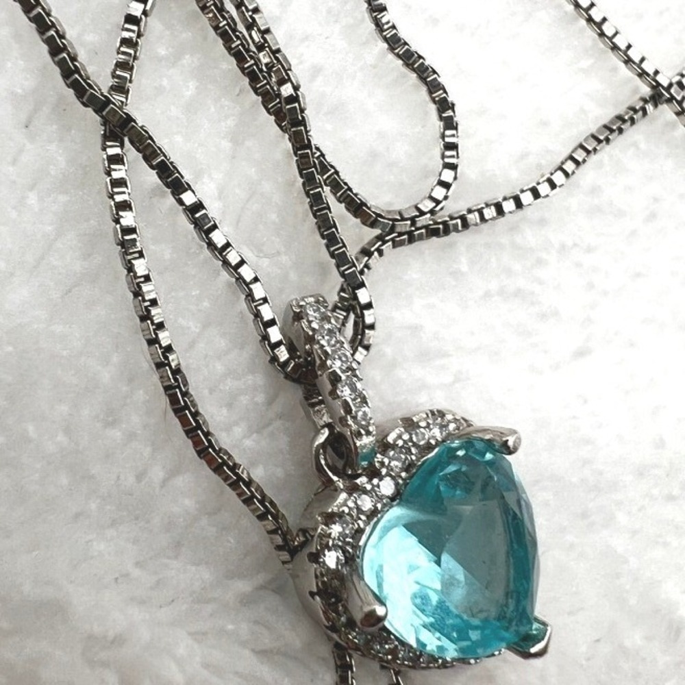 Sterling Silver CZ Necklace‎ Blue Heart Halo Cubic Zirconia - Picture 12 of 14